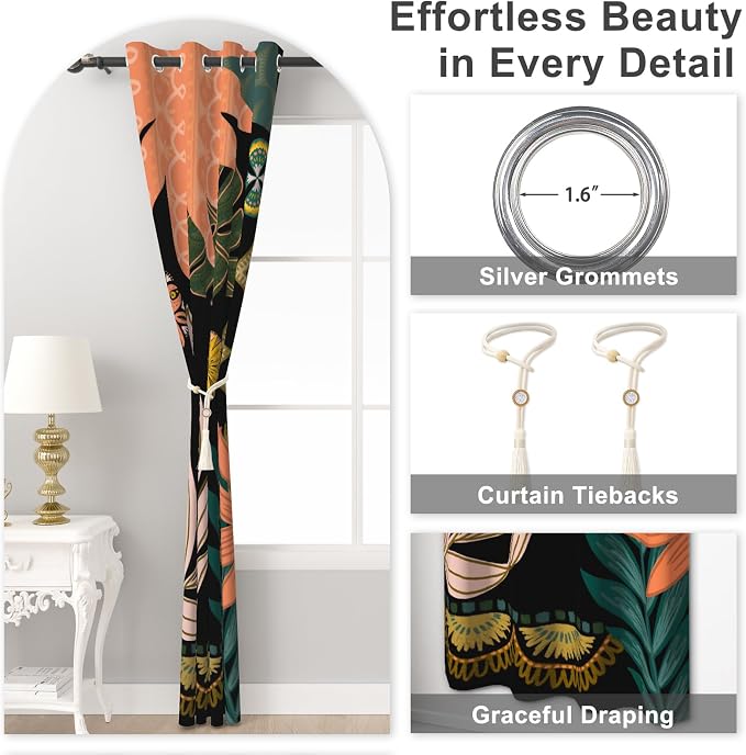 Boho Blackout Curtains 84 Inch Length 2 Panels Set, Farmhouse Floral Black Out Curtains 84 Inch Long with Tiebacks, Room Darkening Thermal Soundproof Bohemian Curtains for Bedroom and Living Room