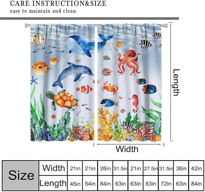 YCness Sea Animal Curtains for Boys Girls Bedroom Nursery Decor Cartoon Tropical Fish Underwater Coral Animals Art Printed Blackout Window Drapes Fabric Set 2 Panel 42x45 Inch 30% Shading Rate