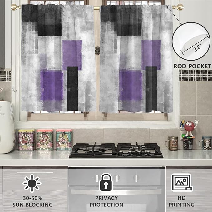 AAtter Purple Window Curtains for Kitchen Lavender Modern Abstract Plum Ombre Small Short Home Living Room Bedroom Bathroom Rod Pocket Drapes Treatment Tiers Fabric 1 Pair, 27.5" W x 36" L, Geometric