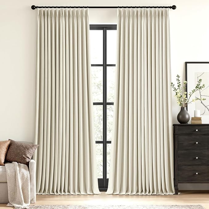 MIULEE Cream Pinch Pleated 100% Blackout Linen Curtains for Bedroom, Room Darkening Memory Trained Light Blocking Window Curtains 96 inches Long for Living Room, Black Out Pleat Drapes, 2 Panels