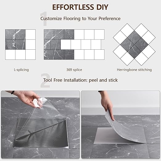 Peel and Stick Floor Tile, 20-Pack 12" x 12" Vinyl Flooring, Waterproof Self-Adhesive Luxury Vinyl Tiles, Easy DIY for Living Room, Kitchen, Dinning Room, RV, Cover 20 Sq. Dark Gray Crackle Marble