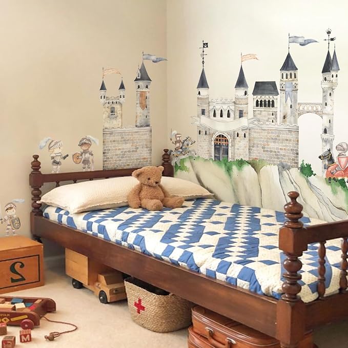 Large Watercolor Wall Decals Peel and Stick, Self Adhesive Vintage Wall Stickers for Kids Bedroom Playroom Nursery Room Wall Art Decor Decal, Knight Assembled Castle Wall Mural