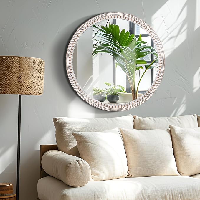24 Inch Rustic Farmhouse Round Wood Wall Mirror for Bathroom Entryway Decor | Soft Curved Shape Balances Straight Furniture Lines While Creating an Inviting Focal Point in Compact or Open Areas