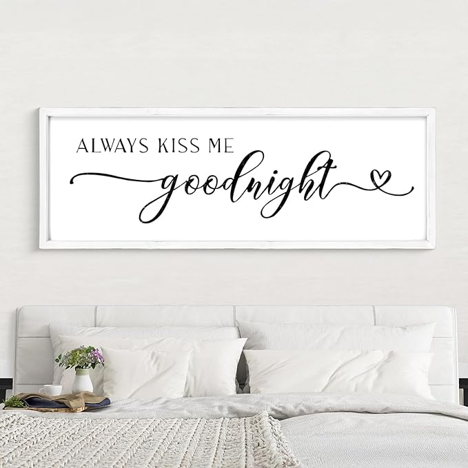 Always Kiss Me Goodnight Wall Sign 42''×15'' Large Above Bed Wall Decor Bedroom Sign Bedroom Decor with Solid Wood Framed, Couples Love Theme Wall Decor (White)