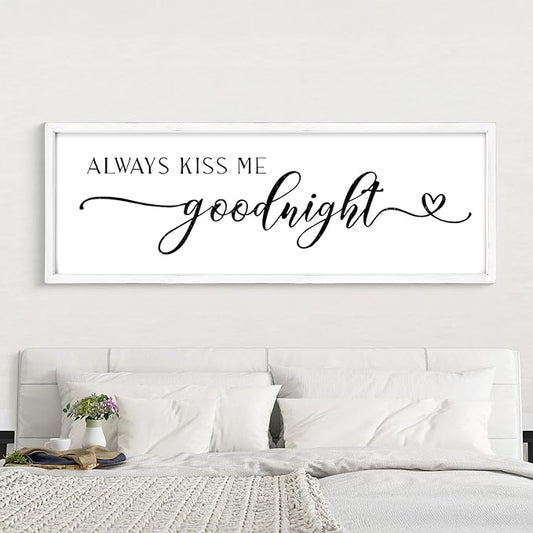 Always Kiss Me Goodnight Wall Sign 42''×15'' Large Above Bed Wall Decor Bedroom Sign Bedroom Decor with Solid Wood Framed, Couples Love Theme Wall Decor (White)