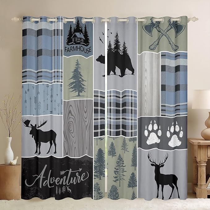 Rustic Patchwork Window Curtains, Checkered Buffalo Plaid Curtains For Kids Teens Adult, Woodland Wildlife Bear Moose Elk Pine Trees Pattern Printed Blackout Curtains Farmhouse Decorations,42"Wx90"L