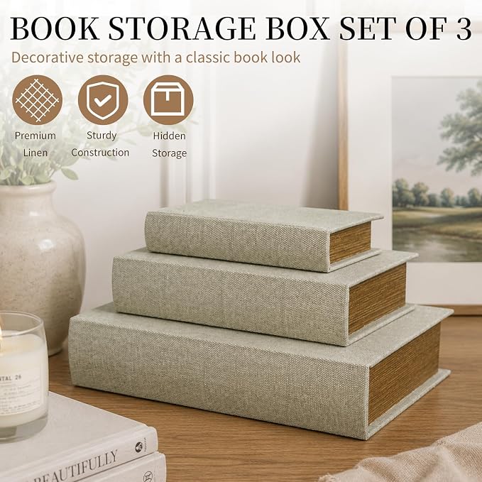 DECOR4SEASON Decorative Book Boxes Set of 3 – Modern Faux Linen & Wood Hidden Storage for Coffee Table – Stackable Fake Books for Shelf Decor, Remote Control & Jewelry Organizer (Warm Taupe)