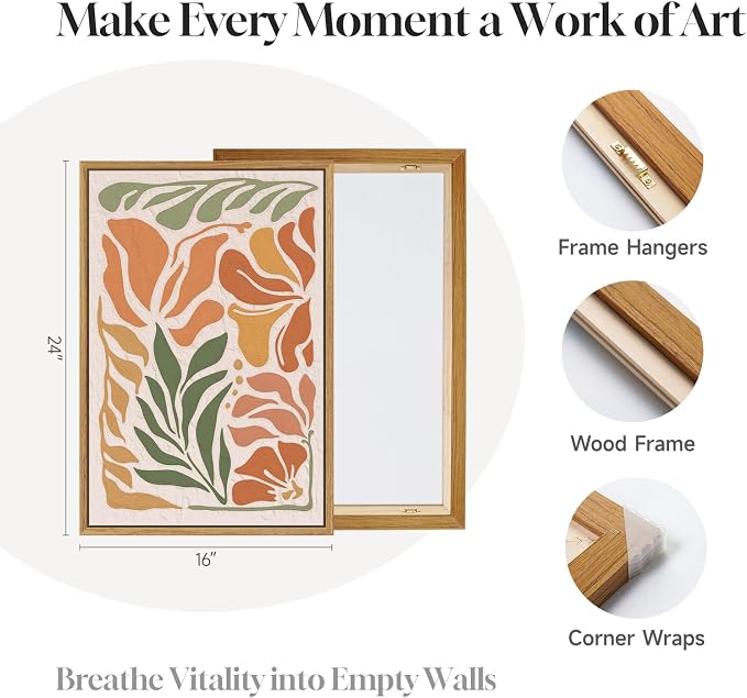 3 Piece Framed Boho Floral Wall Art for Living Room, Large Abstract Botanical Flower Canvas Prints Paintings, Mid Century Modern Wildflower Pictures Artworks Decor for Bedroom Office 16x24 Inch