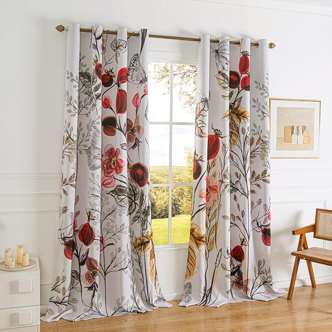Vintage Floral Blackout Curtains 96 inch Long 2 Panel Set 52x96 inch, Wildflower Farmhouse Flower Pattern Printed Drapes Room Darkening Thermal Insulated Window Curtains for Bedroom Living Room Decor