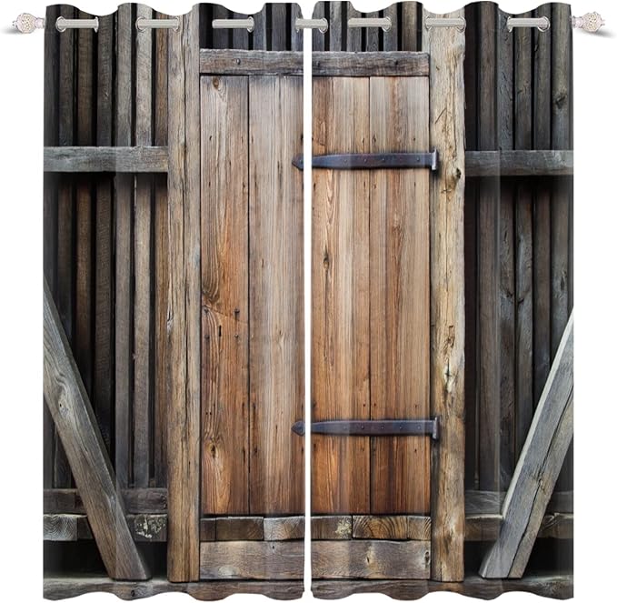 Rustic Farm Kitchen Curtains Farmhouse Old Wooden Door Vintage Barn Door Blackout Window Drapes for Living Room Bedroom Rural Room Darkening Window Treatment,53x45 inch,2 Panels