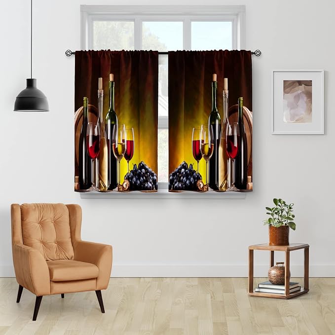 Aimego Wine Glass Kitchen Curtains - Rustic Vintage Farmhouse Short Cafe Curtains Decor for Living Dining Room Tier Curtains for Bathroom Room Darkening Rod Pocket Window Drapes 2 Panels Set 28x36