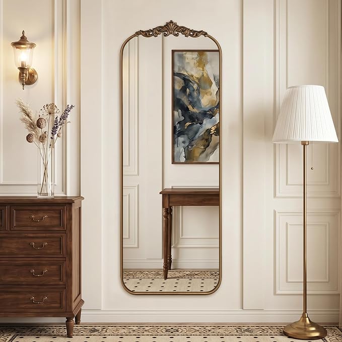 Vintage Gold Arched Full Length Mirror 56"x21" with Metal Frame | Ornate Baroque Design,HD Tempered Glass,Wall Mount,Antique Gold Finish