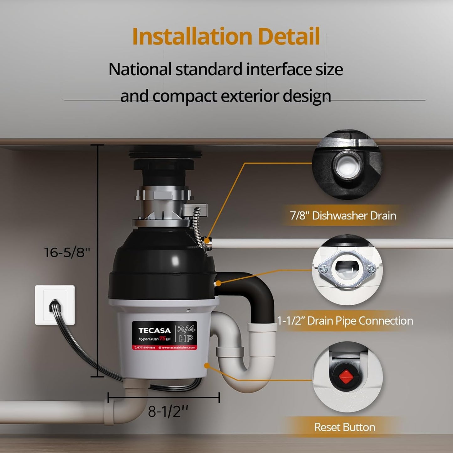 3/4 HP Batch Feed Garbage Disposal, TECASA Stainless Steel Food Waste Grinding System for Kitchen Sink Food Waste, Power Cord Included, Sound Reduction, Grey and Black - HyperCrush 75 BF