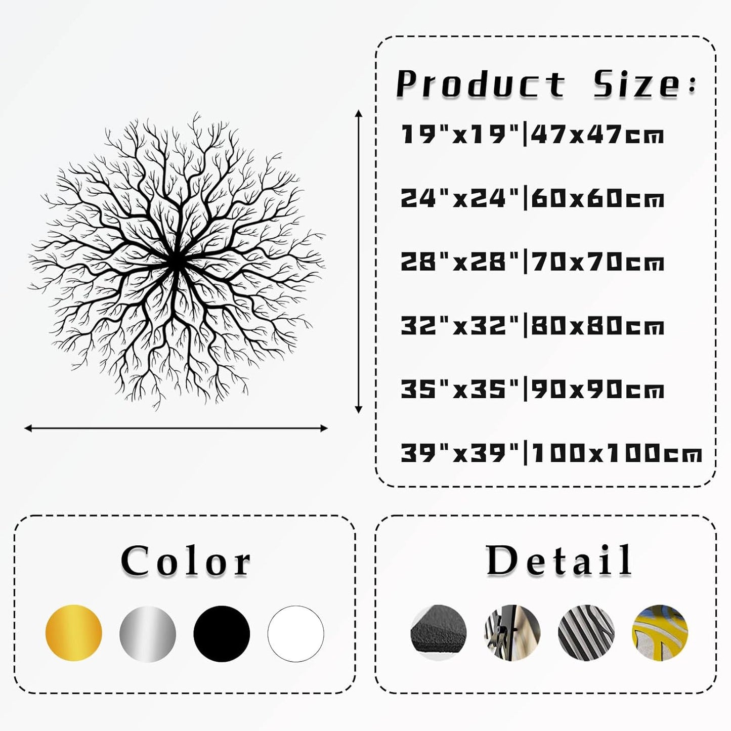 Tree of Life Metal Wall Art, Metal Tree Wall Art, Large Round Sculpture, Round Branch Wall Decor, Large Branch Artwork, Nature Sign, Wall Decor for Living Room, Housewarming Gift (Black, 24"x24"|60x60cm)