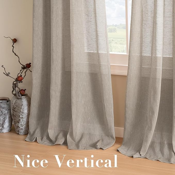H.VERSAILTEX Linen Curtains Flax Linen Blended Curtain Panels for Living Room/Bedroom Semi Sheer Privacy Curtains 102 inch Length 2 Panels Set Nickel Grommet Window Drapes, Taupe