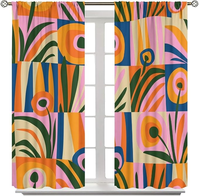 JESTRONRY Mid Century Boho Curtains, Modern Abstract Cute Retro Floral Vintage Checkered Flower Print Blackout Window Door Curtains for Bedroom Living Room Home Decor 42x63in
