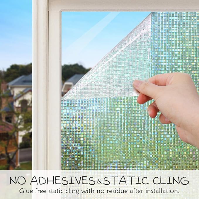 HIDBEA 3D Decorative Window Privacy Film Non-Adhesive Heat Control UV Blocking Static Cling Removable Vinyl Glass Tint for Home and Office, 17.5" x 118" (44.5 x 300 cm)
