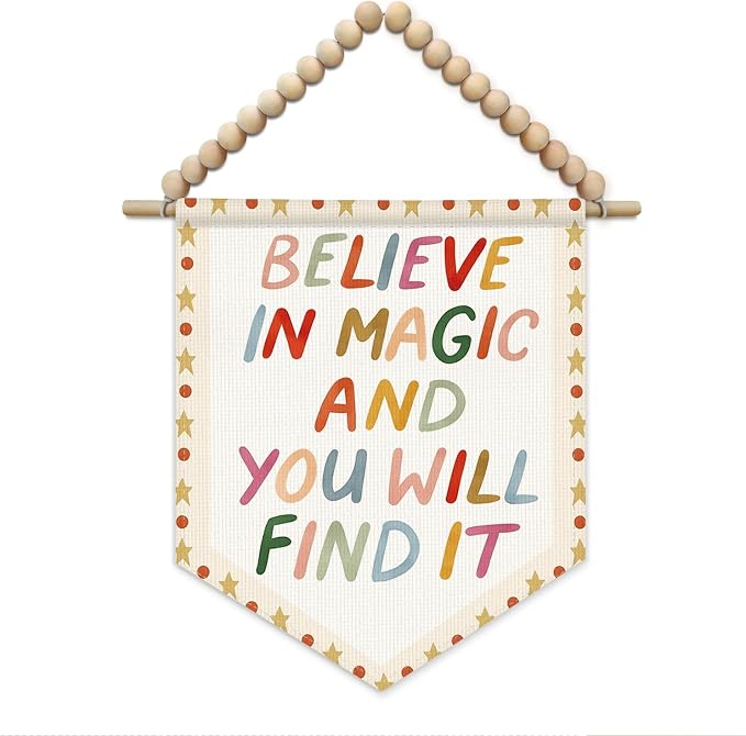 Boho Nursery Inspirational Wall Art Decor, Kids Room Decor, Believe in Magic and You Will Find It Boho Wall Hanging Display Pennant Flag for Kids Boy Girl Nursery Room Bedroom Playroom