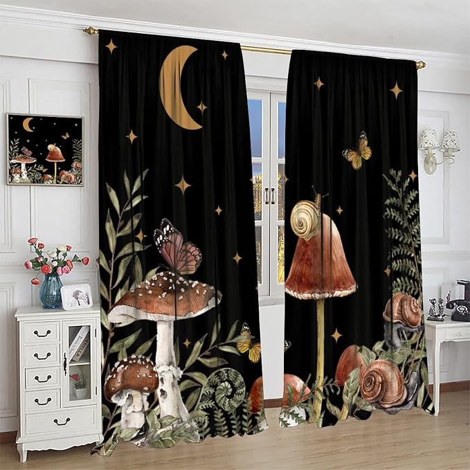 Retro Mushroom Blackout Curtains,Snail Butterfly Window Drapes,Boho Night Plants Leaves Moon Star Botanical for Living Room Kitchen Bedroom,Black Background 55x63in