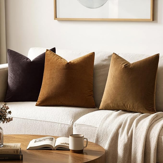 MIULEE Velvet Throw Pillow Covers 24x24 Inch, Pack of 2 - Dark Brown, Super Soft Euro Decorative Square Pillows Modern Luxury Home Decor for Bed, Sofa, Couch, Living Room