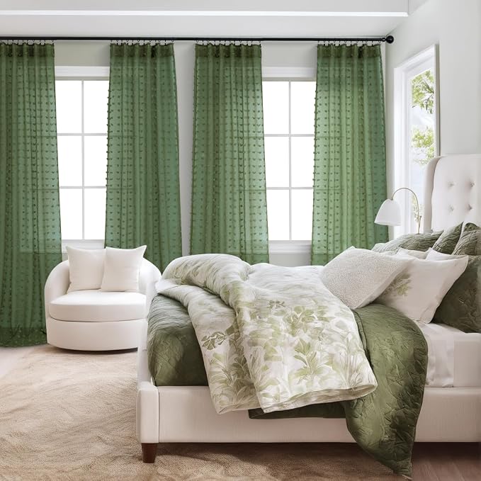 Olive Green Sheer Curtains 84 Inch Length for Bedroom Living Dining Room Country Farmhouse Pom Pom Design Window Treatments Drapes Boho Decor Christmas Green Voile Sheer Curtains 2 Panels Set Back Tab