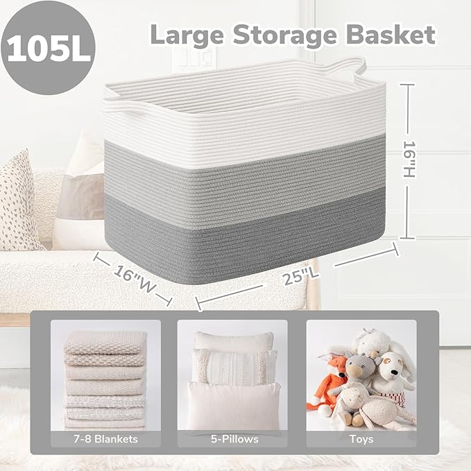 Goodpick 105L Extra Large Blanket Basket 25" x 16" x 16" Cotton Rope Storage Bins for Dirty Clothes Pillows, Decorative Woven Basket with Handles, Toy Baskets Storage Kids, Gray