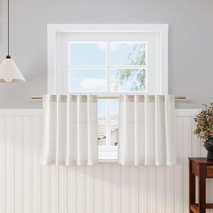 Nanspring Cream Linen Cafe Curtains 24 Inch Length Light Filtering Semi Sheer Mini Curtains for Small Window Basement Bathroom Camper Back Tab Rod Pocket Short Sheer Kitchen Curtain 30x24 Inches