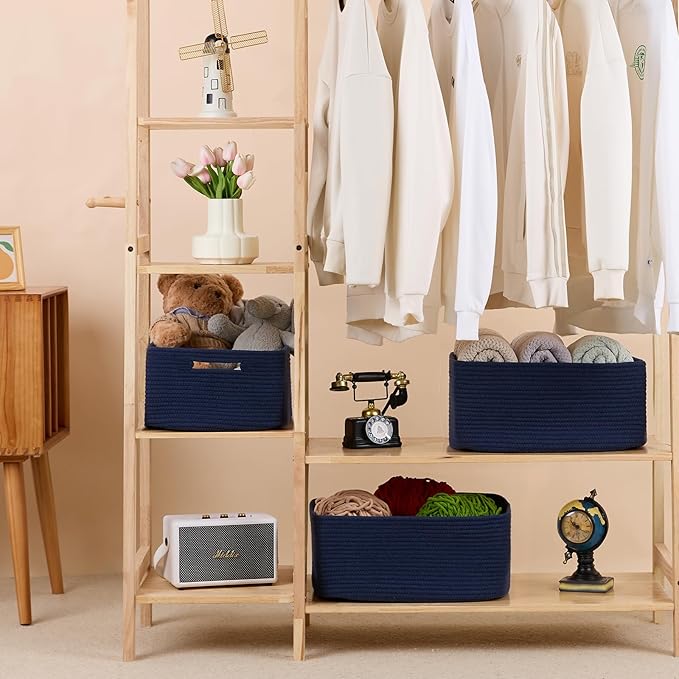 MiniArk Large Storage Baskets for Organizing, Closet Shelf Baskets for Clothes Blanket Towels, Baby Nursery, Toy Bins Box, Woven Rope Baskets, 17 x 13 x 7.5”, 4 Packs Navy Blue