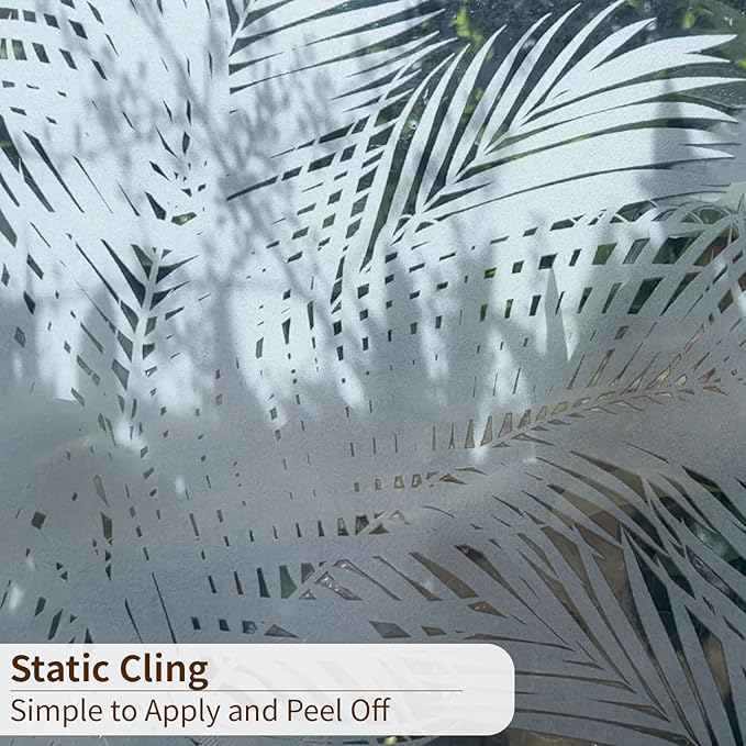 Modern Botanical Frosted Window Privacy Film, Etched Glass Window Film Decorative Abstract Plants, Thickened Floral Shadow Palm Leaf Window Cling Privacy Film 22.83"X47.24"