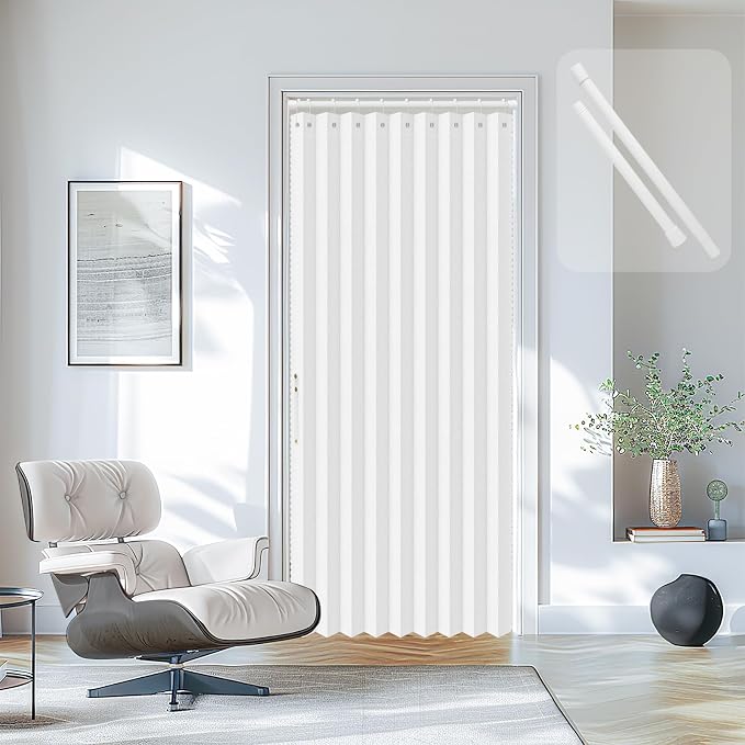 AJAZZ Set: Curtain Rods No Drilling (38-53" W Adjustable Range) & Accordion Door Curtain, White 53W×78" L, Accordion Doors for Closet Doorway Room Divider