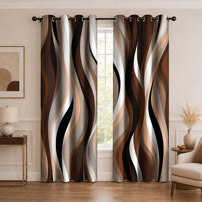 Brown Abstract Blackout Curtain, Stripe Black White Gray Aesthetic Art Window Curtains Living Room Bedroom Decor Darkening Window Drapes Treatments, 2 Panels 52x96 Inch