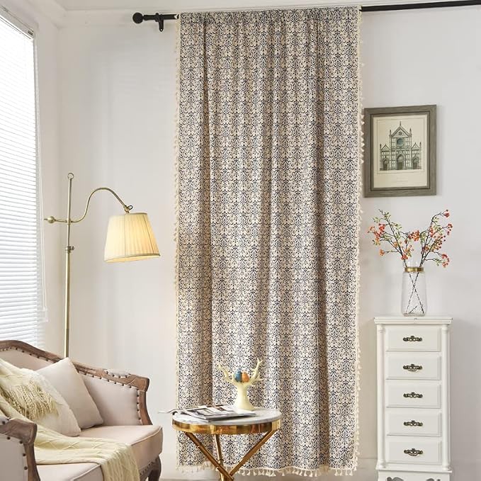 Sutuo Home Boho Curtain 84 Inches Length Semi-Blackout Bohemian Damask Moroccan Florals Print Darkening Curtains Tassels, Rod Pocket Window Treatment Drapes for Bedroom, 1 Panel 59" W x 84" L, Blue