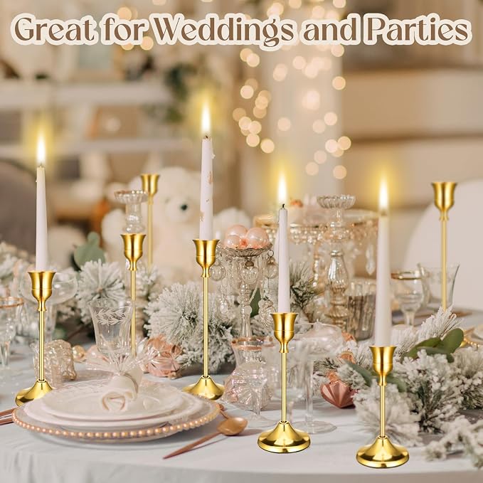 12PCS Brass Gold Taper Candle Holders Set, Vintage Metal Candlestick Holders for Table Centerpiece, Wedding Reception, Festive Christmas Mantel Decoration