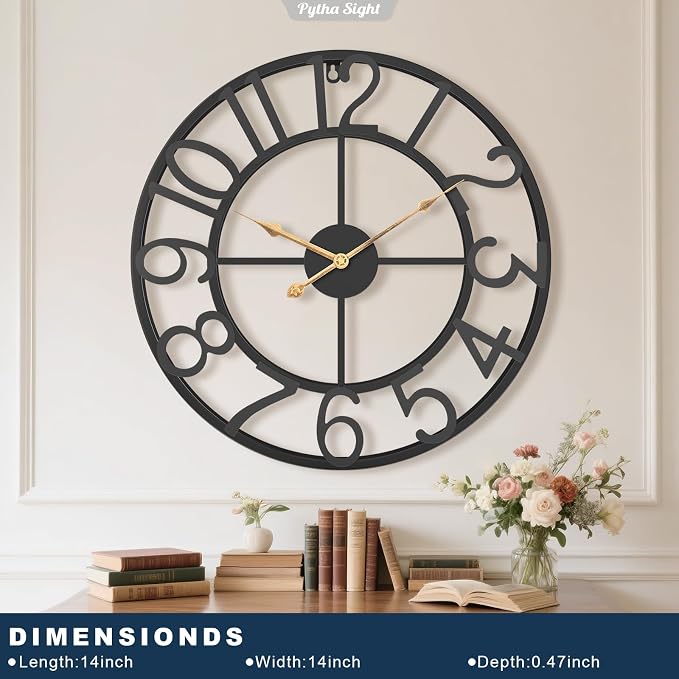 Pytha Sight 14 Inch Large Wall Clocks for Living Room Decor,Big Silent Battery Operated Metal Wall Clock,Rustic Modern FarmhouseArabic Numerals Wall Clock for Kitchen,Office,Bedroom,Dining Room