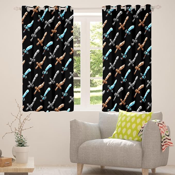 Castle Fairy Sandbox Sword Window Curtain,Pixelated Themed Swords Bedroom Decor Curtains,Kids Teens Block Building Games Window Treatment Grey Black Modern Blackout Drapes 2 Panels,38Wx54L