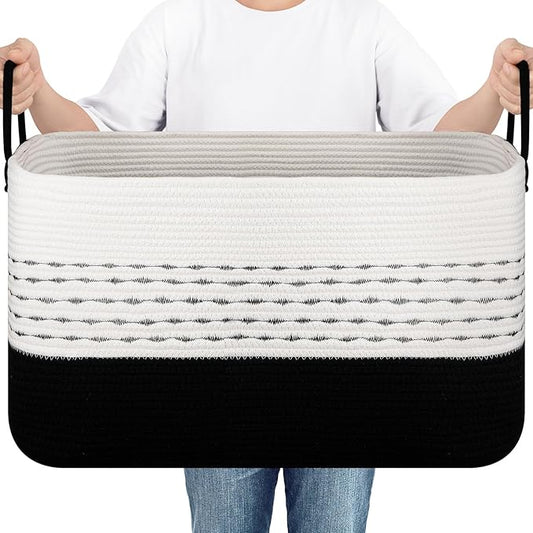 OIASKET Large Blanket Basket for Living Room, 75L Woven Storage Baskets for Organizing, Rectangle Cotton Rope Basket With Handles-Black & White