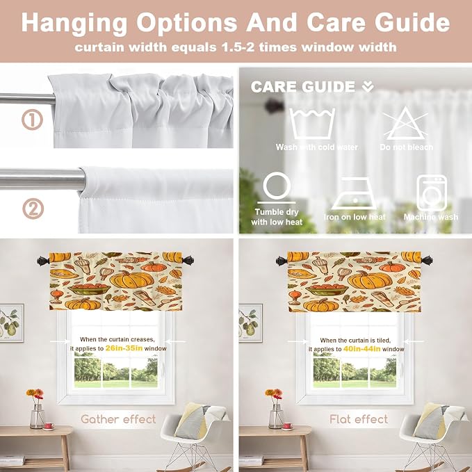 Shrahala Thanksgiving Seamless Pattern Blackout Short Curtains for Windows, Pumpkin Apple Pear Leaves Kitchen Valance Thermal Insulated Rod Pocket Window Treatment for Bathroom 2 Pack 52 X 18 in
