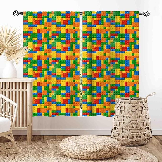 Kids Boys Curtains for Bedroom Building Blocks Curtains, Colorful Plastic Block Building Constructor Brick Blackout Window Treatments for Playroom Living Room Nursery, 42"x54" Inch