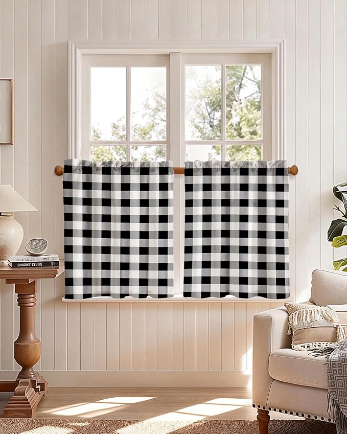 Miss Adola Farmhouse Kitchen Tier Curtains - 24 Inch Length Linen Blend Cafe Curtains Plaid Checkered Small Window Treatments Over Sink Rod Pocket for Bathroom Living Room Light Filtering, 2 Panels
