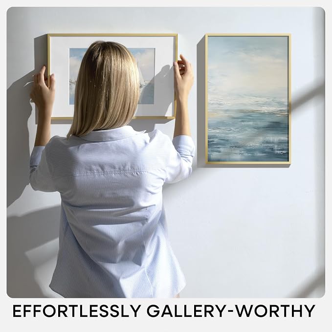 Homeforia 14x14 Picture Frame Gold, High End Metal 14 x 14 Square Poster Frame with Mat 12 x 12 Photo, 14x14 Frame Matted to 12x12 Print, 14by14 Gold Hanging Frames, Tempered Glass, Wall Kit, Set of 1