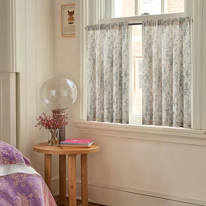 jinchan Floral Linen Tier Curtains Grey Flower on Beige Cafe Curtains 36 Inch Length Kitchen Living Room Bedroom Bathroom Farmhouse Rustic Country Rod Pocket 2 Panels