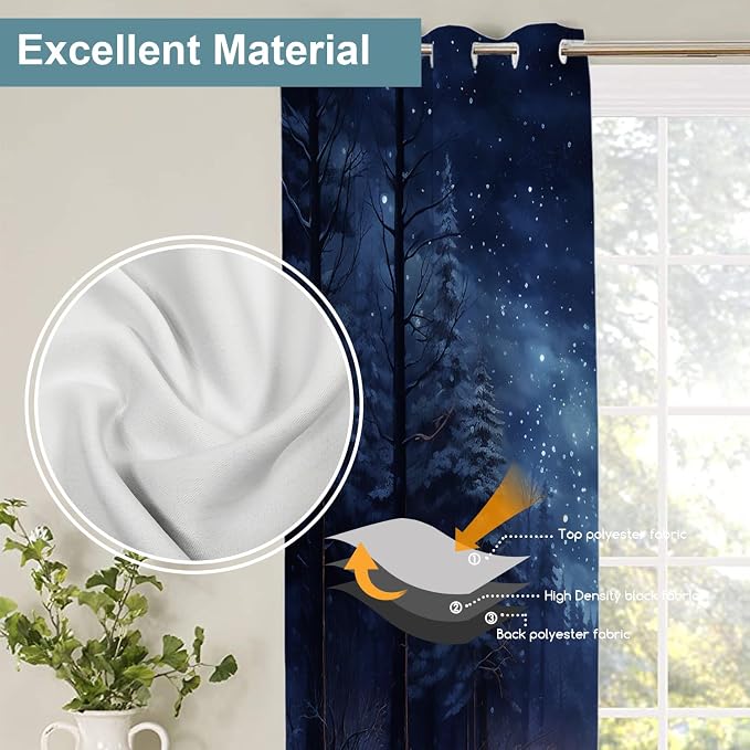 Shrahala Winter New Year Thermal Insulated Blackout Window Curtains, Stars Forests Snow Night Long Drapes for Bedroom/Living Room with Plastic Grommet, 52X84 Set of 2