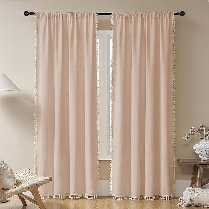 Joydeco Dusty Pink Boho Curtains 96 Inches Long 2 Panels, Super Soft Bohemian Farmhouse Curtains with Tassels, Semi Sheer Light Filtering Drapes for Bedroom Living Room (Rod Pocket, 52Wx96L)
