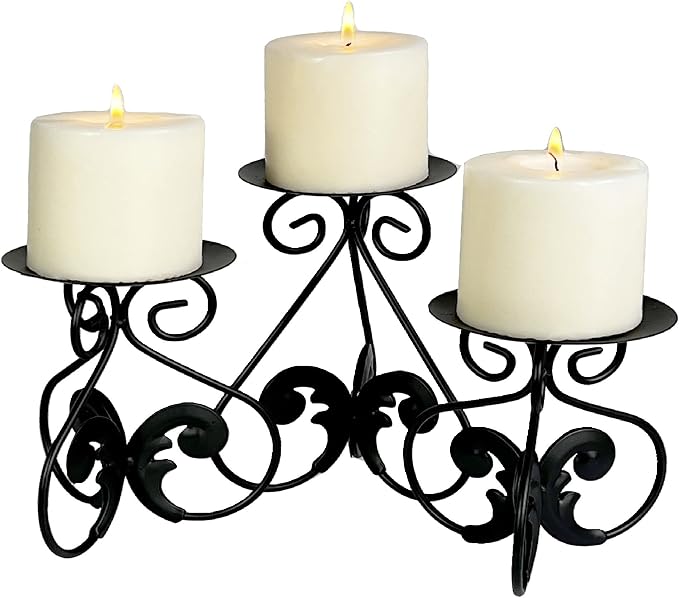 Lily’s Home Elegant Scrollwork Fleur De Lis Pillar Candle Holders, Wax & LED Candle Stands, Black, Set of 3. Candles Not Included