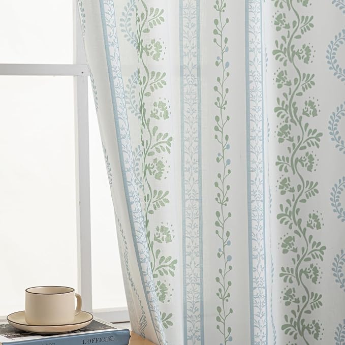 Lino Rosa Short Floral Curtains for Bathroom Window, 45 Inch Length Blue Green Vintage French Country Cottage Core Sheer Drapes, Coastal Farmhouse Linen Pattern Window Panels for Bedroom Kitchen