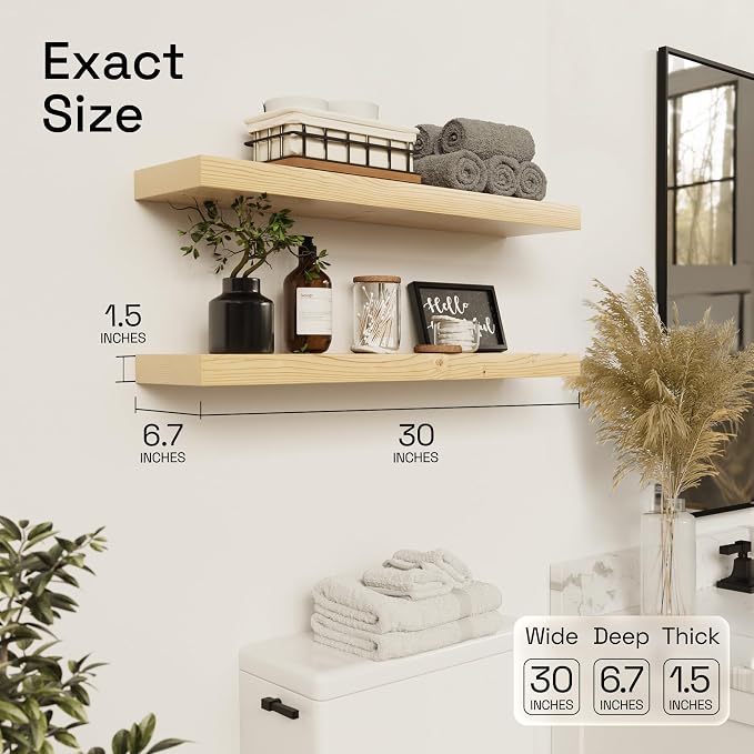 Solid Wood Floating Shelves for Wall 30 Inches Long, Natural Wood Shelf | Real Wood, Wooden Shelf Bathroom Large, Light Oak, Wall Mount, Kitchen Bedroom, Natural Oak Finish, 30W × 6.7D, Set of 2