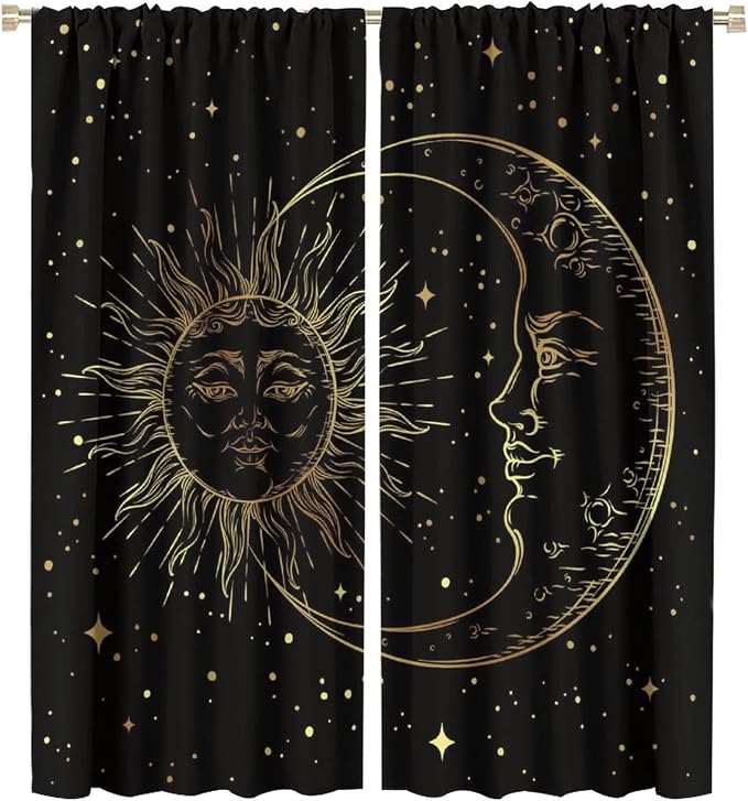 Gold Sun and Moon Blackout Windows Curtains, Fantasy Mandala Bohemian Universe Galaxy Printed Curtains, for Living Room Bedroom 55x63in 2 Panels