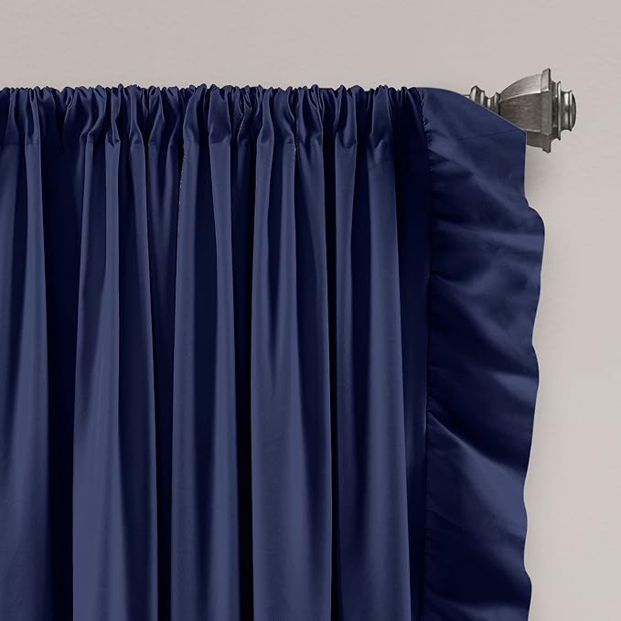 Lush Decor Reyna Ruffle Window Curtain Panel Set, Pair, 54" W x 63" L, Navy - Flowy Curtain Set - Romantic Ruffle Curtains for Bedroom, Living room, or Dining Room - Farmhouse & Cottage Home Decor