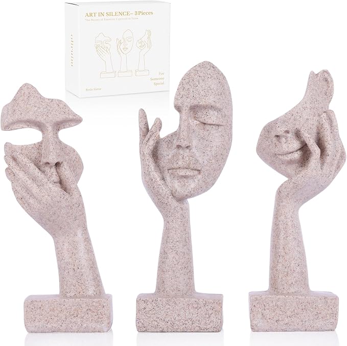 3 Pcs Thinker Statue - Resin Art Abstract Home Accent Figurines for Decor Apartment Bookshelf Floating Shelf Living Room Coffee Table Office Desk Counter Decor (3 Pcs Sandstone, 6")