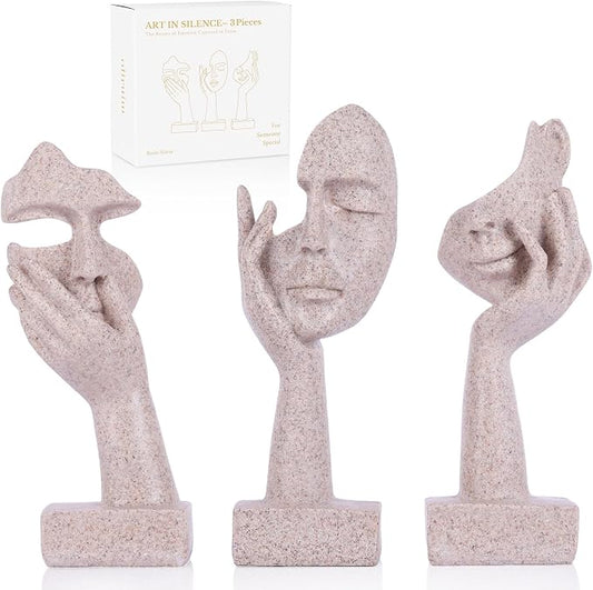 3 Pcs Thinker Statue - Resin Art Abstract Home Accent Figurines for Decor Apartment Bookshelf Floating Shelf Living Room Coffee Table Office Desk Counter Decor (3 Pcs Sandstone, 6")